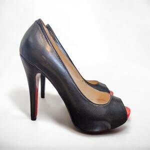 Christian Louboutin Black Leather Peep Toe Heels Red Bottom Size 36 US 6